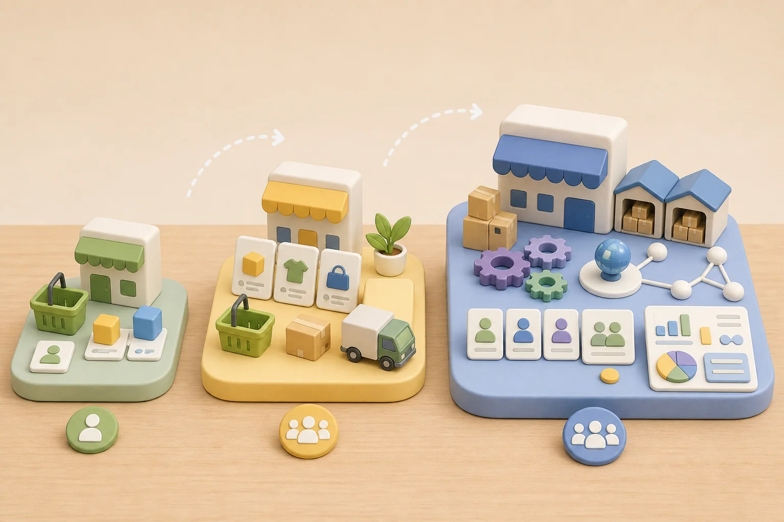 ภาพการ์ตูน 3D แสดงการเลือกระบบ E-Commerce ตามขนาดธุรกิจจากร้านเล็กถึงองค์กร