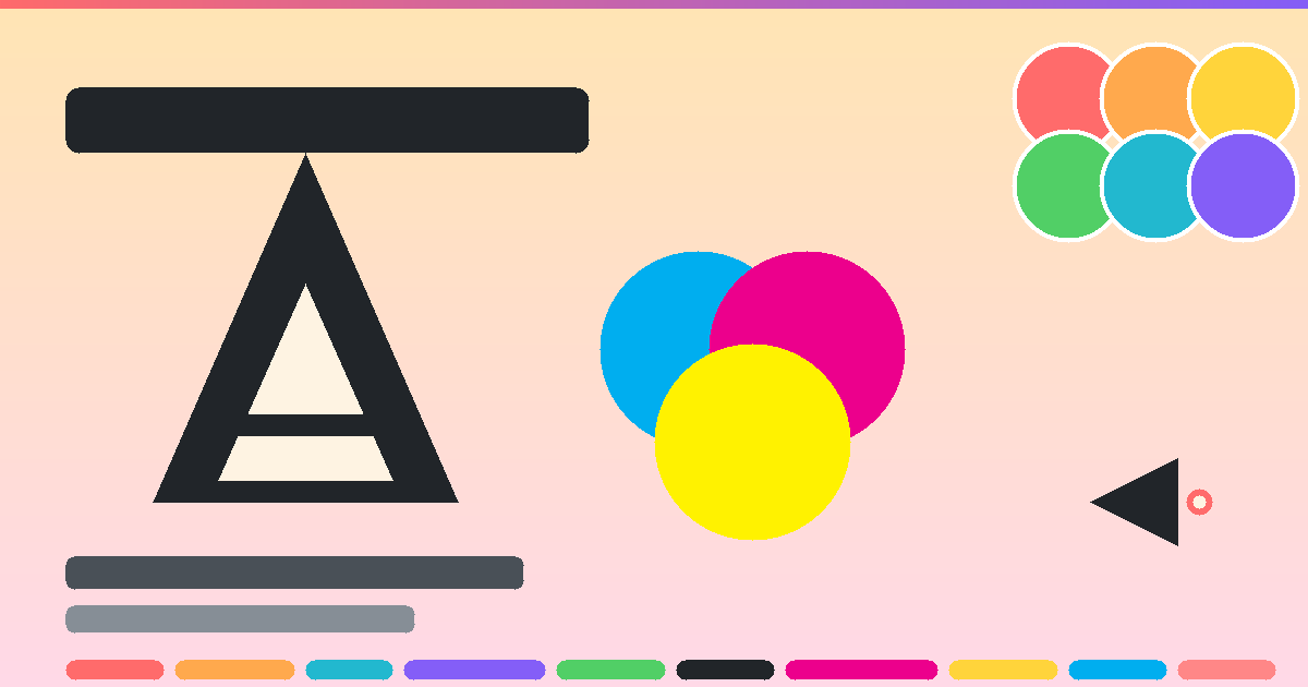 รับออกแบบเว็บไซต์ ตัวอักษร A สีเหลืองในสามเหลี่ยมดำ พร้อมวงกลมสี CMYK และแถบสี