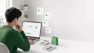 เจ้าของร้านออนไลน์กำลังตรวจค่า GP LINE SHOPPING และกำไรจากช่องทางขาย
