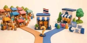 ภาพการ์ตูน 3D ร้านค้าออนไลน์กำลังเลือกขายบน Marketplace หรือสร้างเว็บไซต์ของตัวเอง