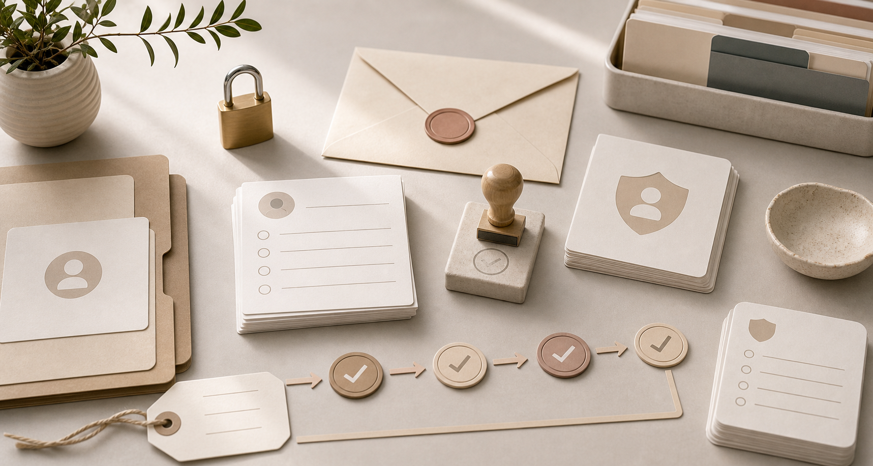 ภาพประกอบ Privacy Policy และ Lead Form ตาม PDPA ด้วยบัตรฟอร์มเปล่า ซองเอกสาร ตราประทับ และกุญแจข้อมูล