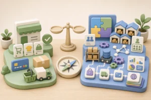 ภาพการ์ตูน 3D เปรียบเทียบ Shopify และ Magento สำหรับเลือกระบบร้านค้าออนไลน์
