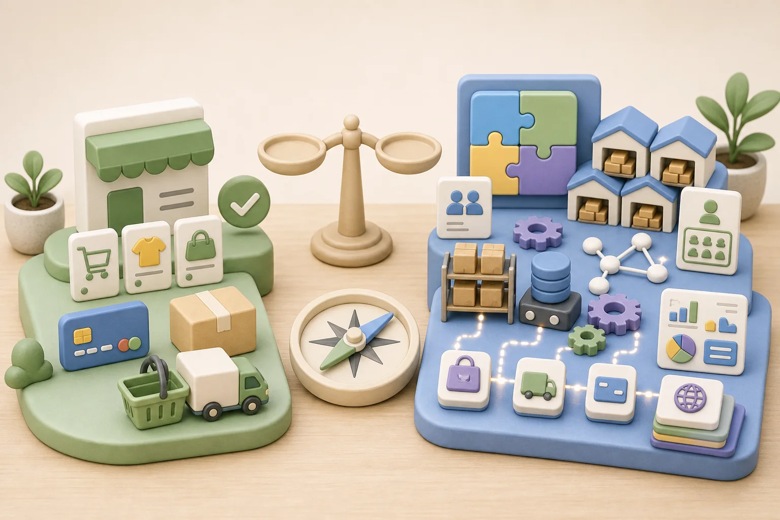 ภาพการ์ตูน 3D เปรียบเทียบ Shopify และ Magento สำหรับเลือกระบบร้านค้าออนไลน์