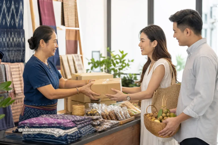 ผู้ประกอบการไทยส่งมอบสินค้าให้ลูกค้า สื่อถึง Thaimart marketplace ของคนไทย