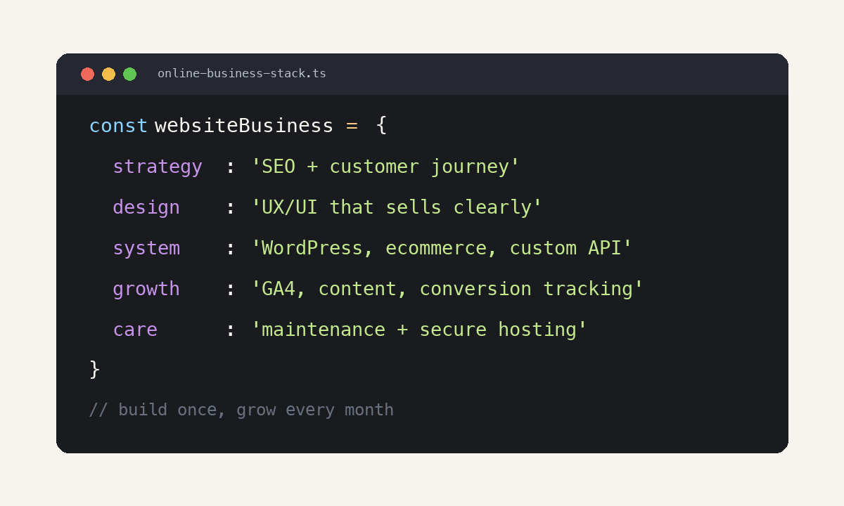 ภาพ code แสดงโครงสร้างเว็บไซต์ธุรกิจออนไลน์ที่ประกอบด้วย SEO UX UI ระบบขายของ และการดูแลเว็บไซต์
