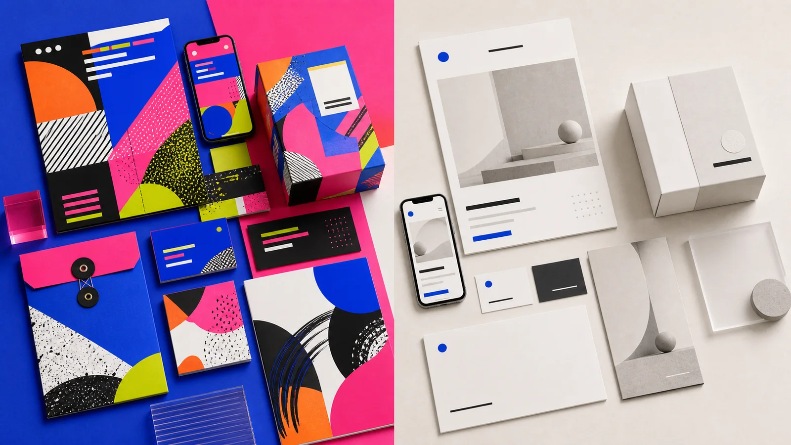 ภาพเปรียบเทียบ Bold Maximal Design กับ Minimal Design ที่ใช้ความหนาแน่น สี และพื้นที่ว่างต่างกัน
