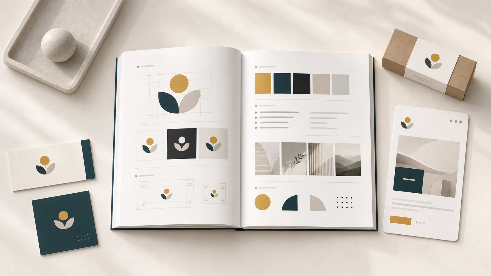 ตัวอย่างองค์ประกอบสำคัญใน Brand Guideline ได้แก่ โลโก้ สี ฟอนต์ ภาพ และการนำไปใช้กับสื่อต่าง ๆ