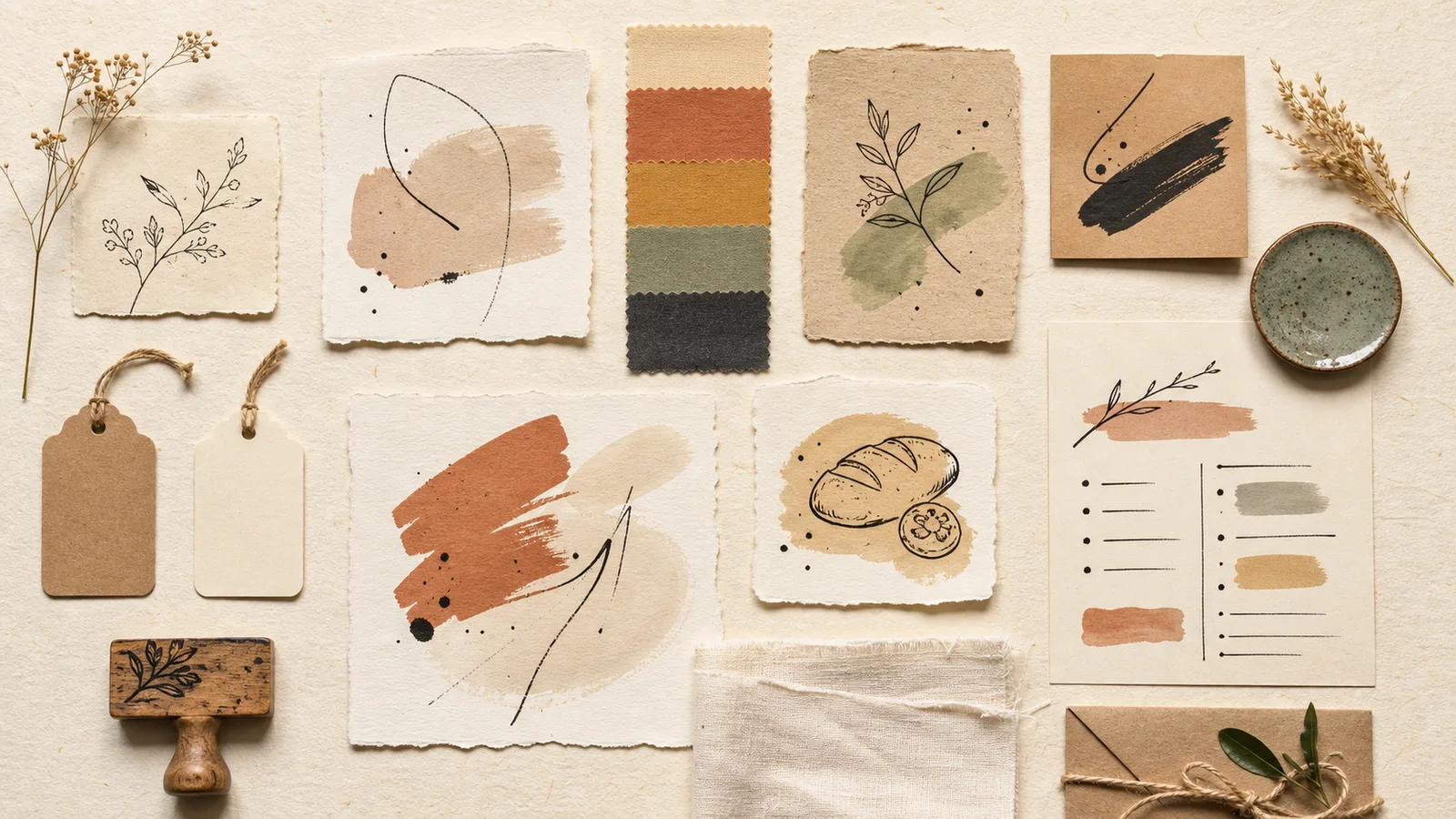 Moodboard งานคราฟต์ที่รวมสีอบอุ่น Texture กระดาษ เส้นวาดมือ และวัสดุธรรมชาติสำหรับสร้าง Handmade Brand