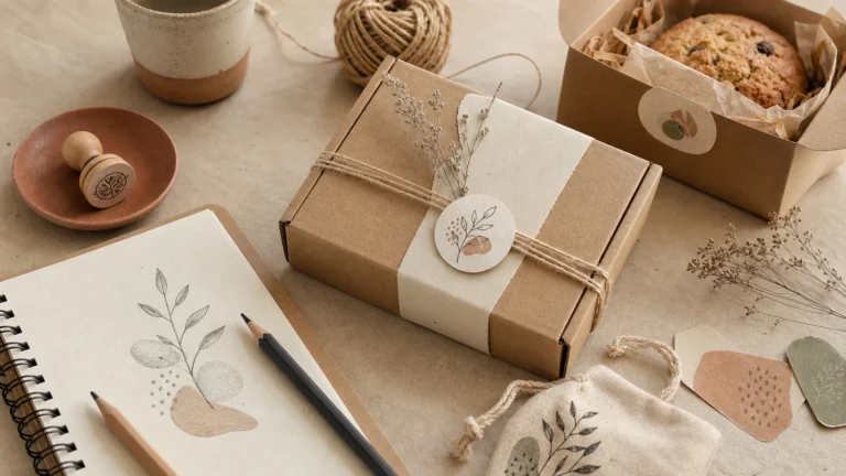 ตัวอย่าง Handmade Craft Design สำหรับแบรนด์เล็กด้วยแพ็กเกจกระดาษคราฟต์ ภาพวาดมือ และวัสดุธรรมชาติ