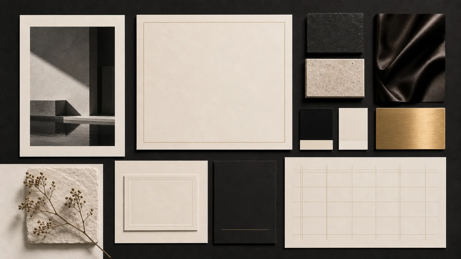 องค์ประกอบ Luxury Design ที่ประกอบด้วยภาพถ่ายคุณภาพสูง พื้นที่ว่าง กระดาษพรีเมียม ผ้า หิน และสีทองแบบพอดี