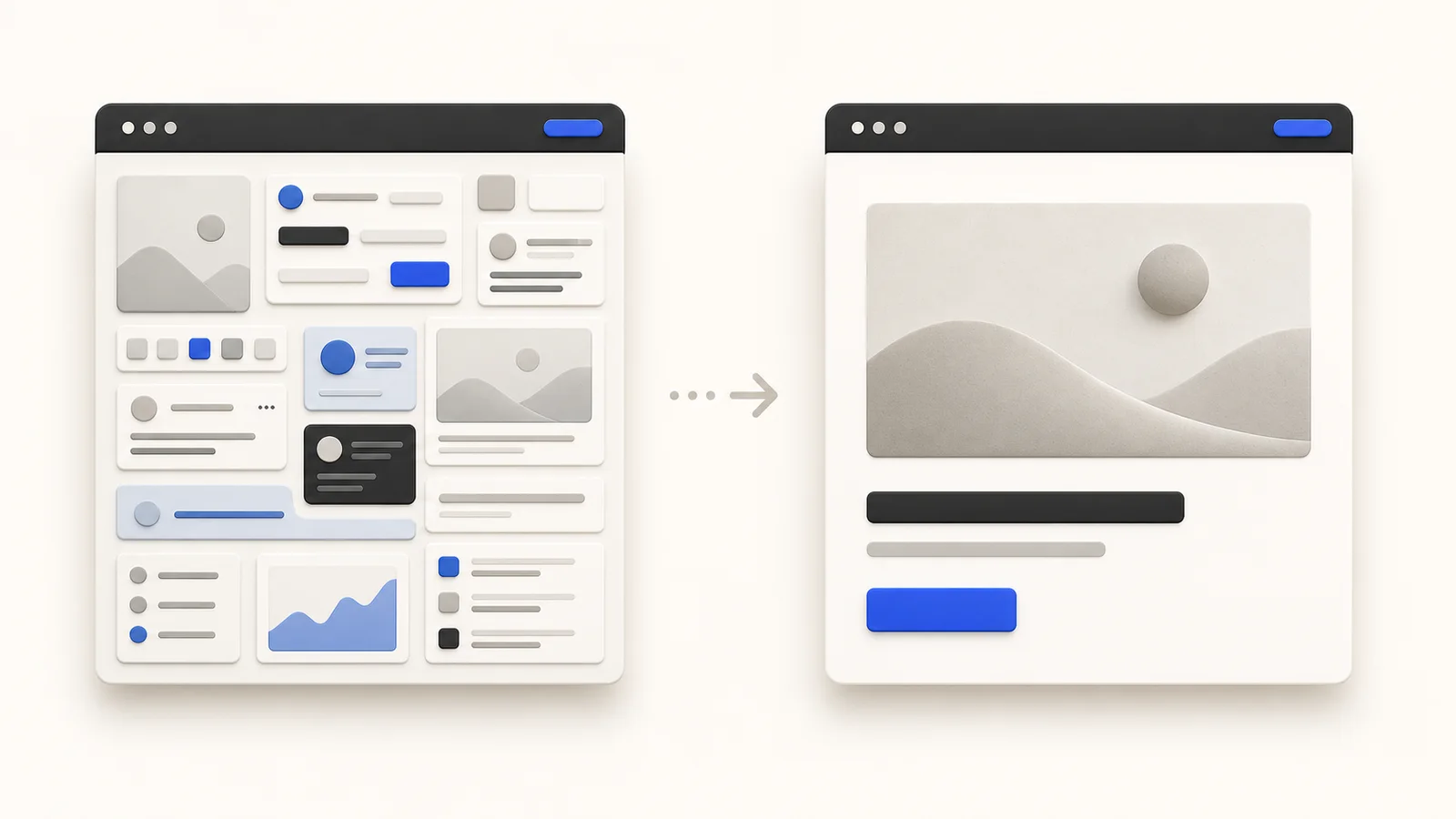 ภาพเปรียบเทียบเว็บไซต์ที่มีองค์ประกอบหนาแน่นกับ Minimal Design ที่ลดสิ่งรบกวนและจัดลำดับสายตาชัดเจน