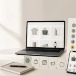 ภาพประกอบการวางแผนเลือก Shopify สำหรับทำร้านค้าออนไลน์ พร้อมหน้าจอสินค้า ระบบขาย และกล่องจัดส่ง
