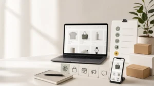 ภาพประกอบการวางแผนเลือก Shopify สำหรับทำร้านค้าออนไลน์ พร้อมหน้าจอสินค้า ระบบขาย และกล่องจัดส่ง